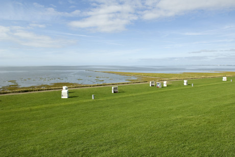 Deich mit Strandkörben in Friedrichskoog